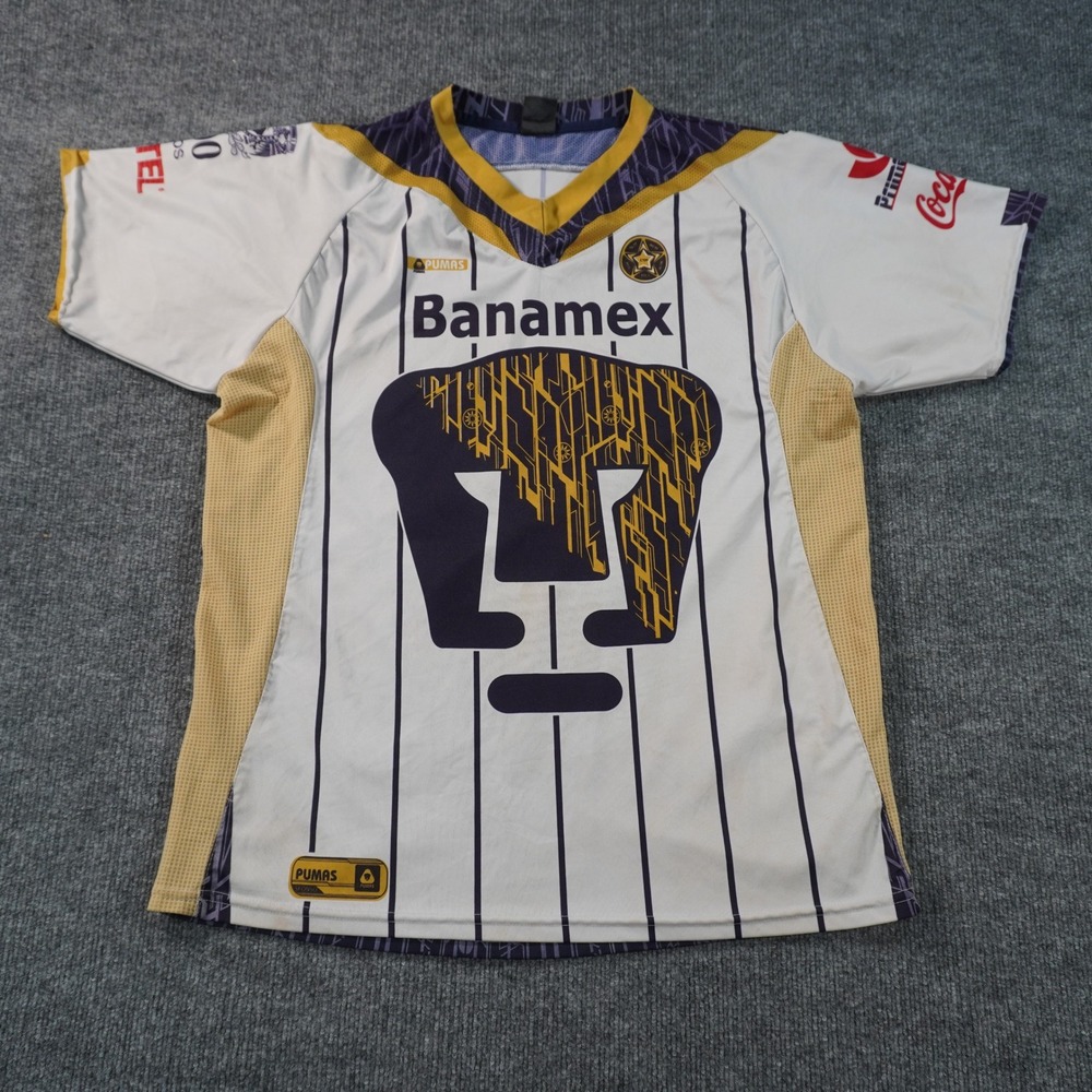 Pumas UNAM Soccer Jersey Mens XL White Gold Banamex Liga MX Pinstripe Shirt